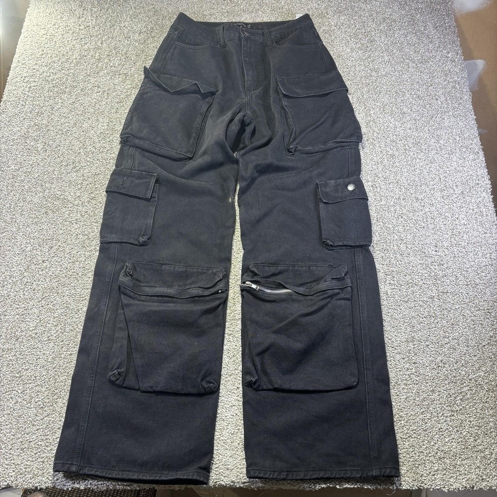Y2K PrettyLittleThing Cargo Jeans Womens 10 Tall Charcoal Relaxed Straight 32x34
